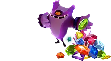 Изображение с персонажами Pokerdom интернет казино, окруженными разноцветными драгоценными камнями, символизирующими регулярные награды для игроков и создающими атмосферу игры и вознаграждения.